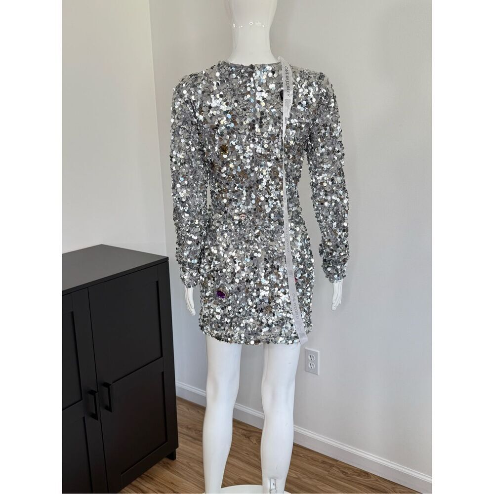 Cynthia Rowley Womens Sequin & Rhinestone Embellished Mini Dress Silver Sz 4 - Picture 7 of 12